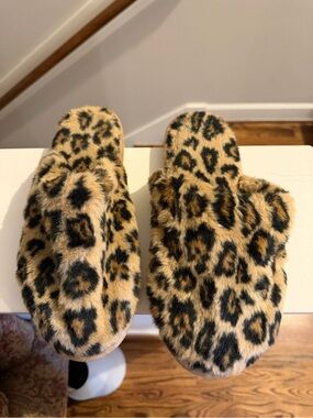 J. Crew Leopard Faux-Fur Slide Slippers in Tan and Black